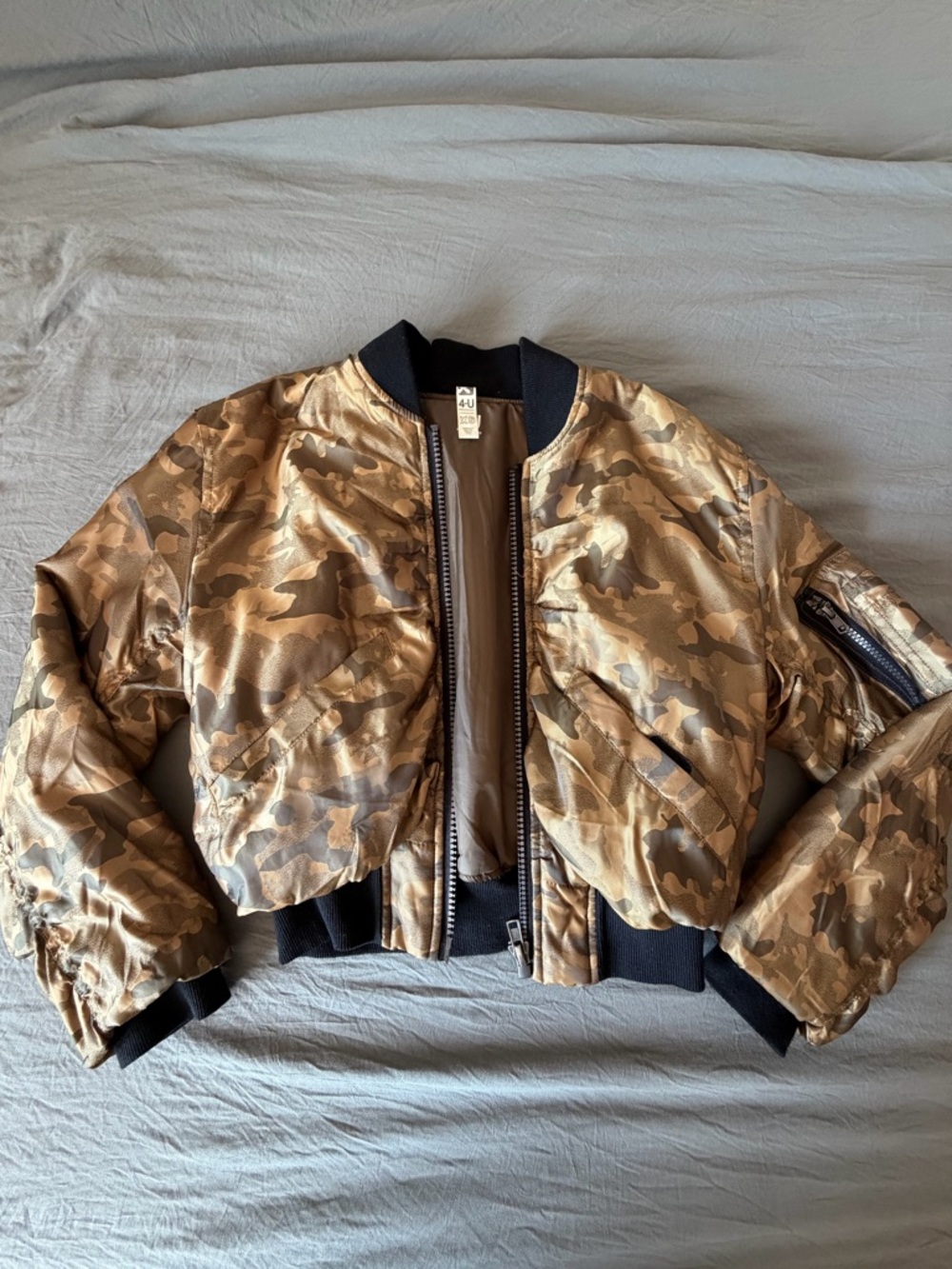 Women's Brown Camo Satin Bomber Jacket with Black Trim